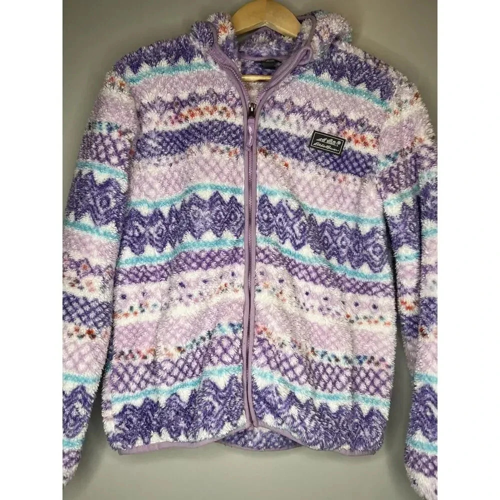 Eddie Bauer Kids Quest Plush Fleece Hooded Jacket Purple Aztec Fur Girls Large - Picture 2 of 7